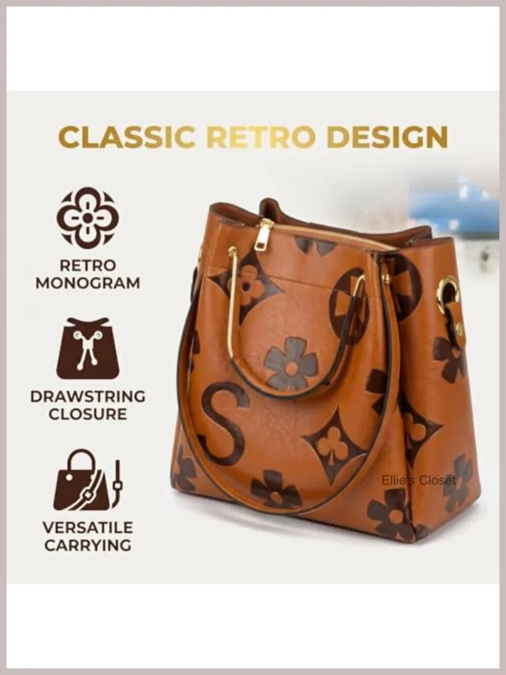 Women's Retro Monogram Crossbody Bag Vegan Leather Satchel Tote with Drawstring
